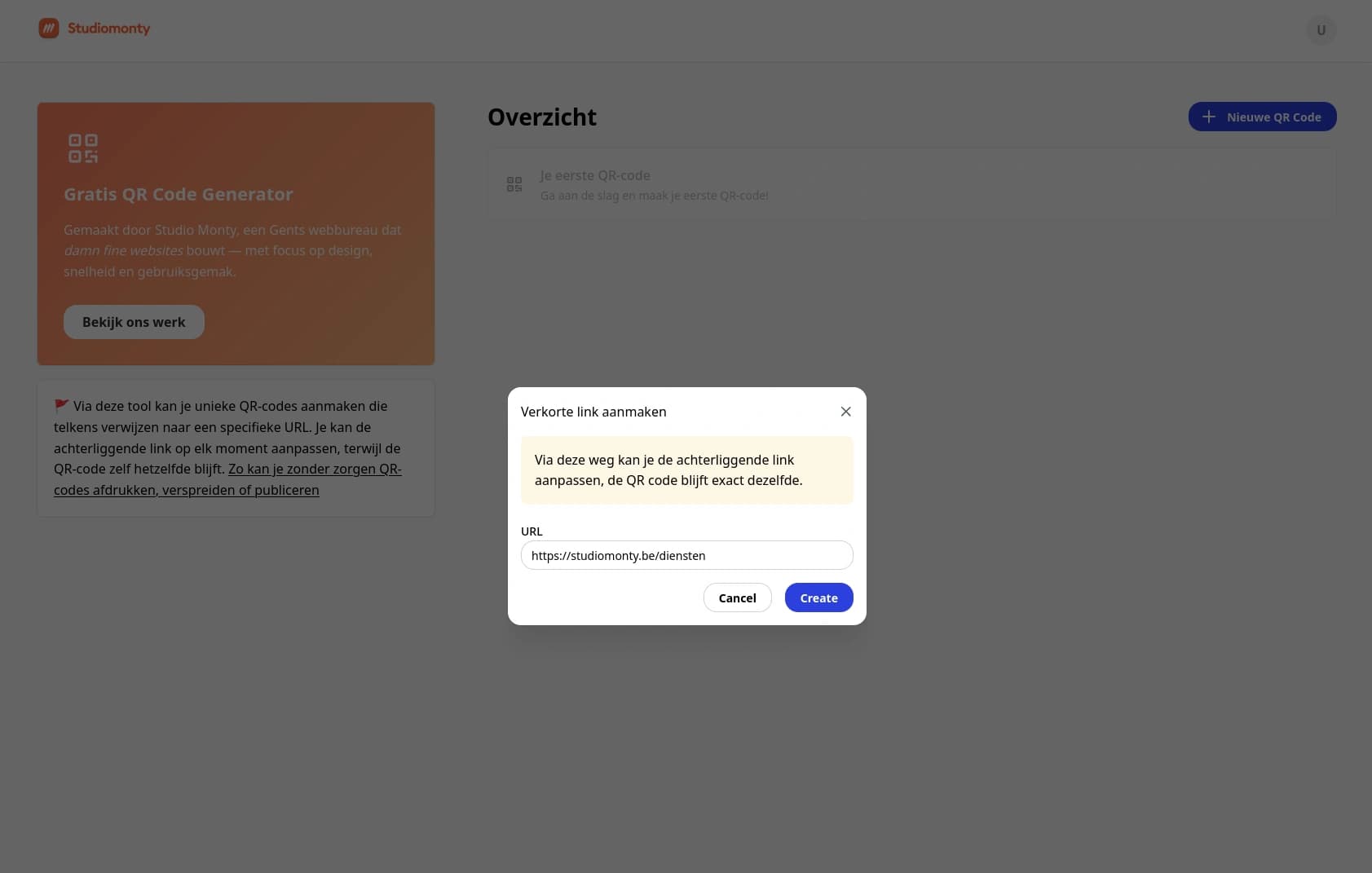 Studio Monty QR Generator dashboard